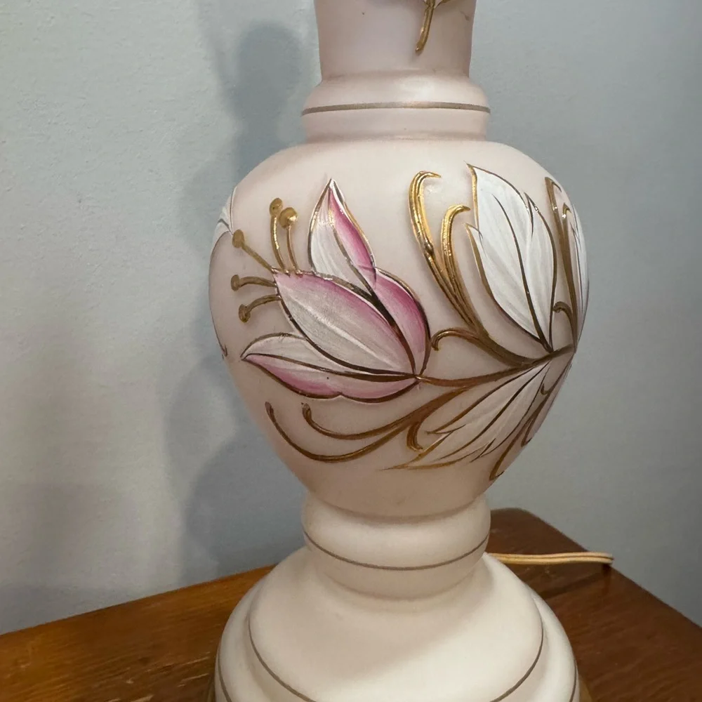Vintage Painted Pink Glass Floral Lamp Pair With Brass Feet WORKING 21” x 5”
